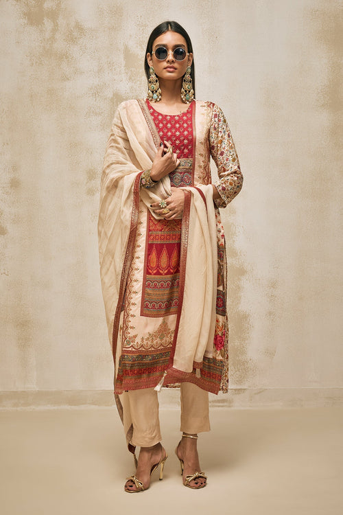 Beige Embellished Kurta 3 Pcs Set