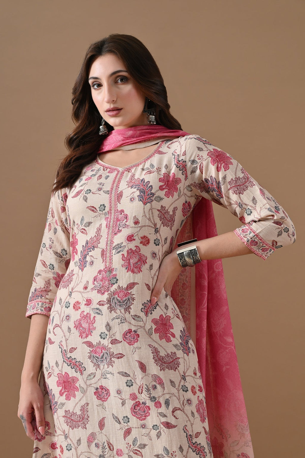 Beige Floral Printed Kurta 3 Pcs Set