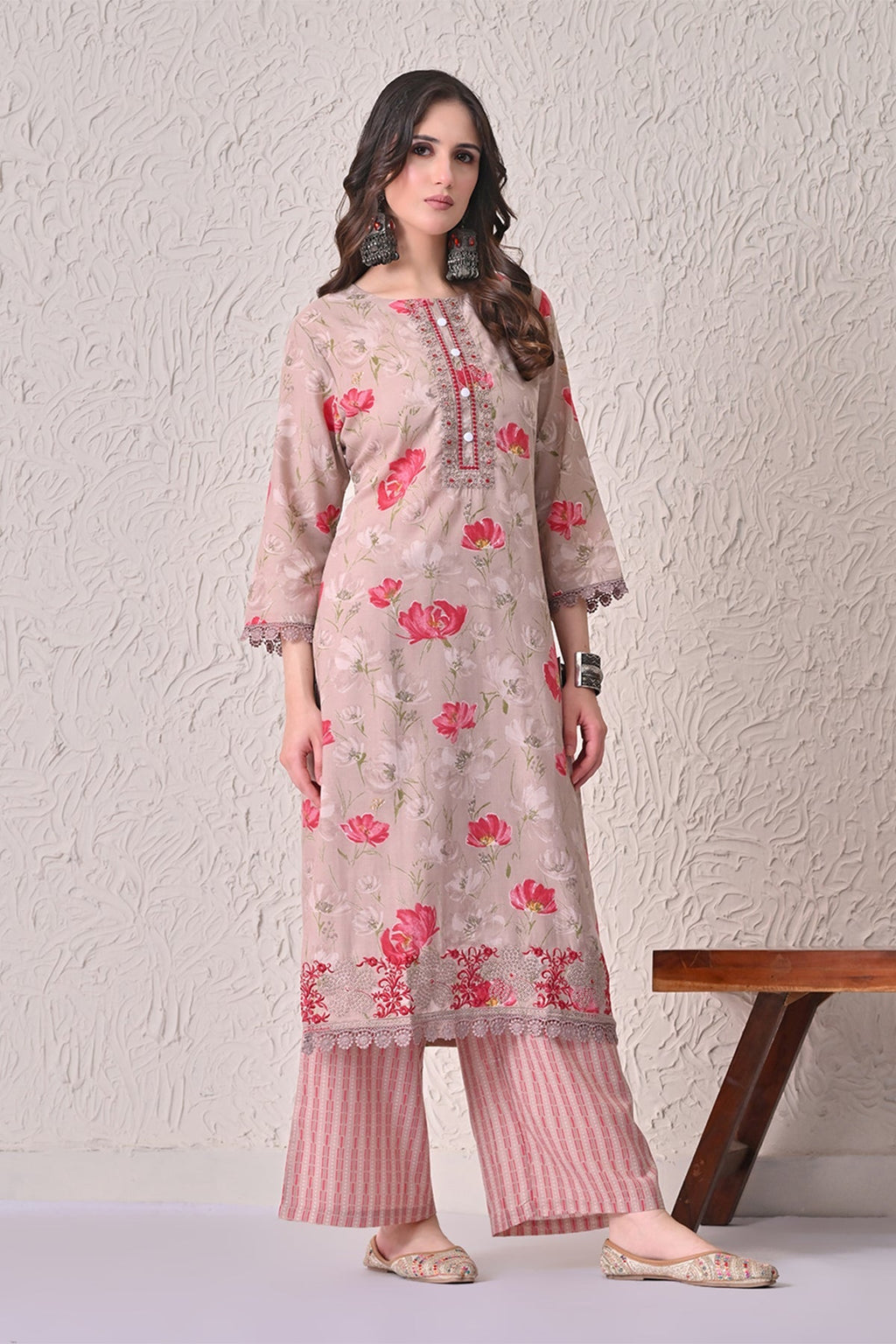 Beige Floral Printed Kurta 3 Pcs Set